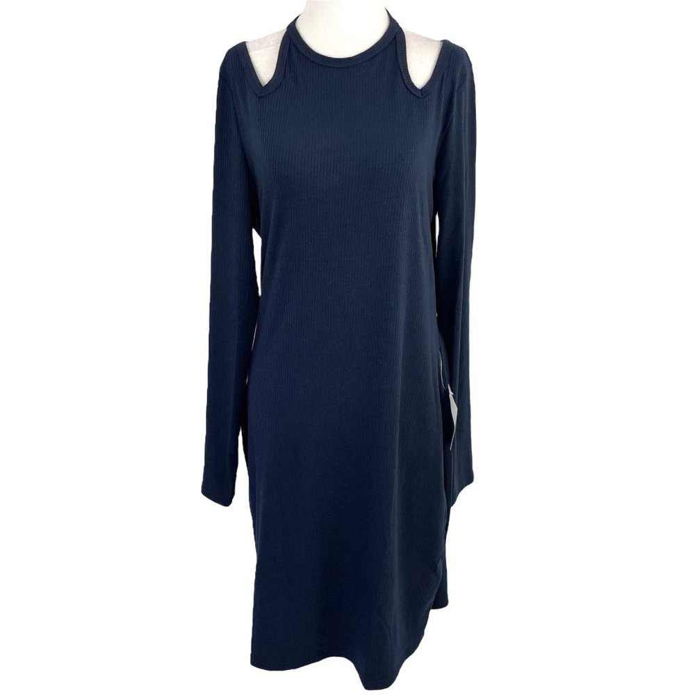 New Dual Nature Halter Cutout Long Sleeve Mini Dress Ribbed Knit Navy Size Large